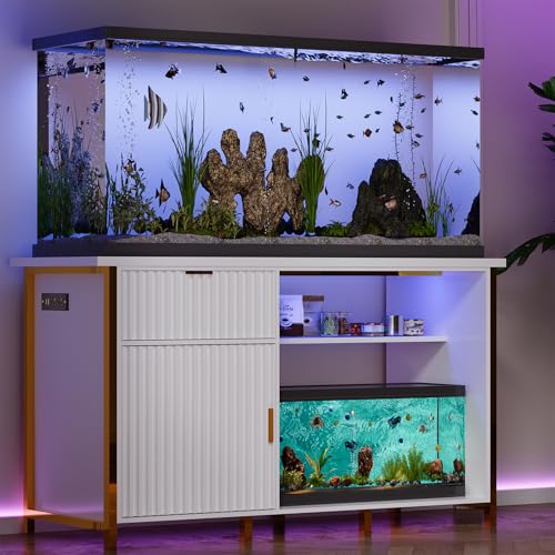55-75 Gallon Fish Tank Stand with Power Outlets, LED Light, Vertical Lines, Heavy Duty Aquarium Stand with Cabinet for Fish Tank Accessories Storage, Turtle Tank, Reptile Terrarium, 1100LBS, White - color: White and Gold