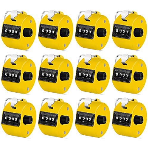 Eliamo 12 Pcs Hand Tally Counter 4-Digit Lap Counter Clicker, Manual Mechanical Handheld Pitch Click Counter with Finger Ring for School Golf & Knitting Row Croche - color: Yellow