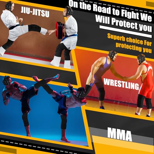 Lewtemi Wrestling Headgear Knee Pads Set Including Adjustable Thick Wrestling Ear Guard and Protective Anti-Slip Knee Pads for Sparring Brazilian Jiu Jitsu Training - size: M Size