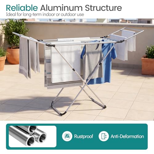 GOFLAME Clothes Drying Rack, Laundry Drying Rack with 2 Foldable Wings, 14 Drying Rods, Free-Standing Collapsible Laundry Airer for Clothes, Towels, Bed Linens, Indoor Outdoor Use, No Assembly Needed - size: 41” x 37” x 41”