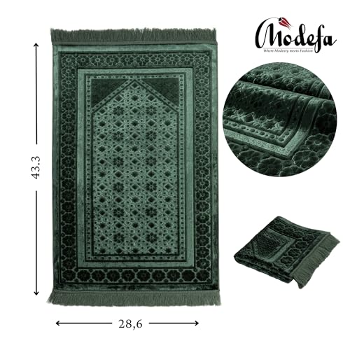 Modefa Velvet Prayer Rug - Soft Plush Turkish Janamaz Sajada Carpet for Men and Women - Plain Solid Prayer Mat Ramadan Eid Gift - with Prayer Beads - Luxury Floral Stamp (Dark Green) - color: Dark Green