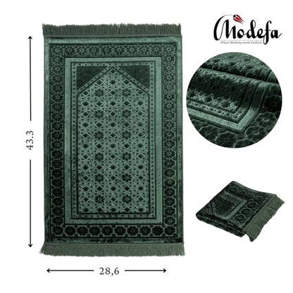 Modefa Velvet Prayer Rug - Soft Plush Turkish Janamaz Sajada Carpet for Men and Women - Plain Solid Prayer Mat Ramadan Eid Gift - with Prayer Beads - Luxury Floral Stamp (Dark Green) - color: Dark Green