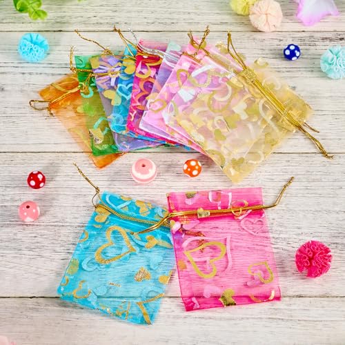 55Pcs Heart Printed Organza Bags Jewelry Gift Mesh Pouches Organza Drawstring Bag for Wedding Party Christmas Favour Candy Storage Pouches 9x7cm - color: Rose, size: 9x7cm