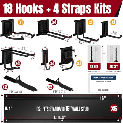 99" Garage Tool Organizer Wall Mount, 28 Pack Heavy Duty Wall Mount Garage Storage Rack Carries1000 lbs, Metal Wall Mount Tool Hanger for Shovels, Rakes, Fits 16" Wall Studs (6 Panels) - size: 99" | 6 Panels+18 Hooks+4 Straps