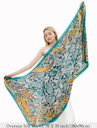 Women Silk Scarves Long Satin Lightweight Outdoor Shawl Wraps Printed Head Scarf 70''X35'' - color: 110-paisley/Green