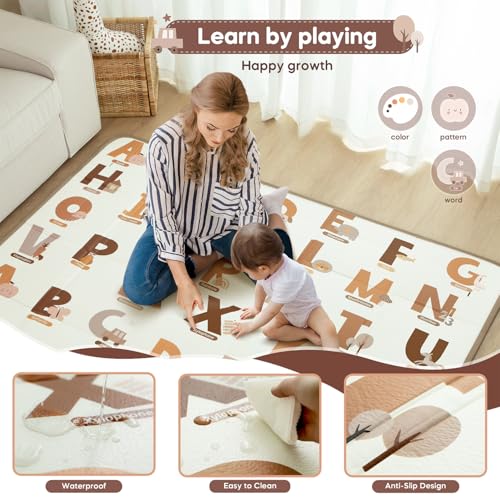 Foldable Baby Play Mat, 65" X 50" Waterproof Double-Sided Cushioned Activity Play Mat, Soft Lightweight Foam Playmat with Fold-Up Sides, Non Slip Crawling & Playing for Infants and Toddler, Alphabet