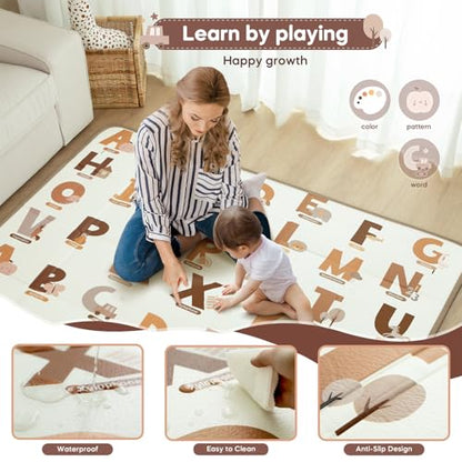 Foldable Baby Play Mat, 65" X 50" Waterproof Double-Sided Cushioned Activity Play Mat, Soft Lightweight Foam Playmat with Fold-Up Sides, Non Slip Crawling & Playing for Infants and Toddler, Alphabet