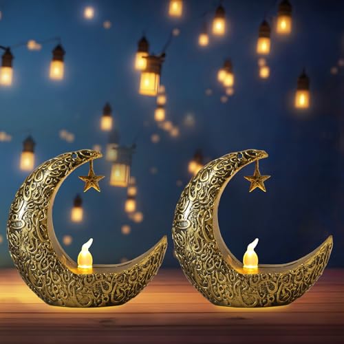 Hying 2 Pieces Ramadan Lanterns Decoration Eid-ul-fitr Table Lamp Eid Mubarak Flameless Candle Lanterns Ramadan Moon Star Lamp for Home Tabletop Decor-Golden Black - color: Style 4: Moon Lantern