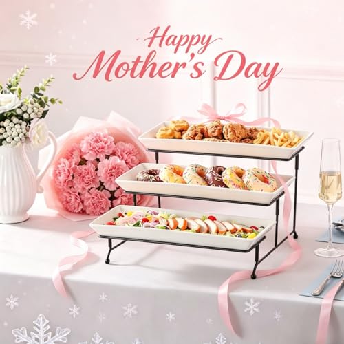 MALACASA 3 Tier Serving Tray, Porcelain Tiered Cupcake Stand, Ceramic Elevated Serving Platter with Collapsible Sturdier Rack,Series PLAT (White, 14 Inch) - color: White, size: 14 Inch