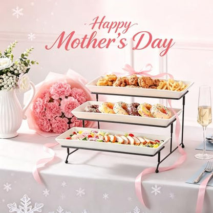 MALACASA 3 Tier Serving Tray, Porcelain Tiered Cupcake Stand, Ceramic Elevated Serving Platter with Collapsible Sturdier Rack,Series PLAT (White, 14 Inch) - color: White, size: 14 Inch