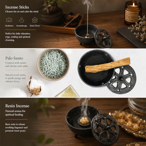 Cast Iron Incense Burner with Fireproof Cotton, Bakhoor Burner for Resin, Charcoal, Cones & Sticks, Meditation & Yoga Decor