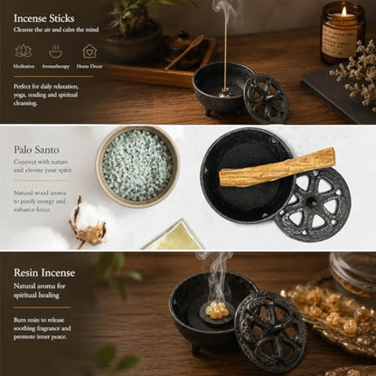 Cast Iron Incense Burner with Fireproof Cotton, Bakhoor Burner for Resin, Charcoal, Cones & Sticks, Meditation & Yoga Decor