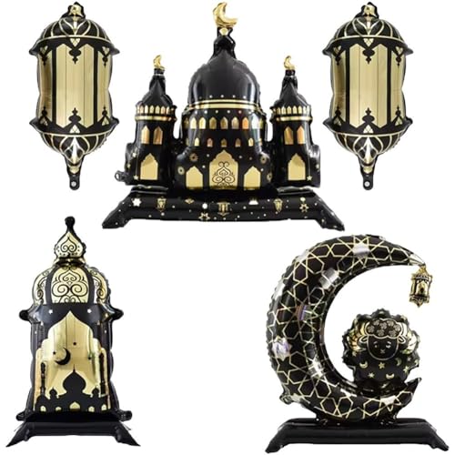 5 Pcs Ramadan Mubarak Foil Balloons Eid Mubarak Party Decorations Lantern Star Moon for Muslim Celebration - color: Black