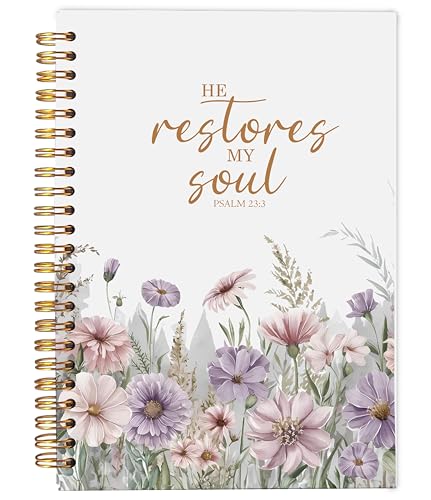 Christian Notebook for Women, Christian Gifts Journal, Prayer Journal for Women, Bible Journaling Notebook, PSALM 23:3 He Restores My Soul Floral Spiral Notebook 5.5x8.3 - color: 14-Christian-notebook