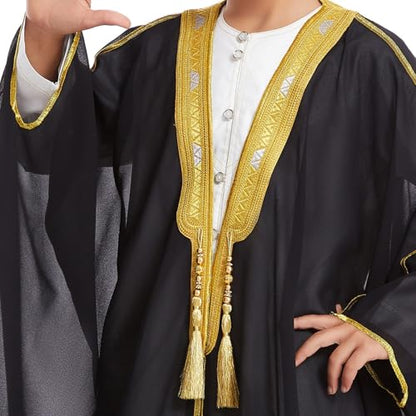 Toddler Boys Muslim Arabic Thobe Long Sleeve Embroidered Islamic Kaftan Teens Middle East Prayer Dress Ramadan Eid Clothes - color: Black, size: 1-2T