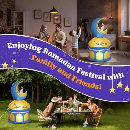Lewondr 4.9FT Outdoor Inflatable Moon Decorations, Rotating Inflatable Moon Eid Mubarak Decor, Blow Up Muslim Holy Ramadan Celebration Decor with LED Lights, Outdoor Holidays Inflatables for Yard - style: Moon and Castle