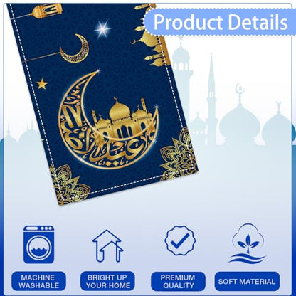 Ramadan Table Runner Blue Gold Moon and Star Ramadan Decorations for Home Eid Mubarak Festival Ramadan Runner Islamic Mosque Lantern Print Door Garland Placemat Holiday Dining Party Table 13 X 72 Inch