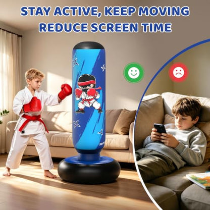 64 Inch Inflatable Punching Bag for Kids with Gloves and Pump, Kids Boxing Bag Set Toys & Gifts for Boys and Girls Ages 3-12 for Karate, Taekwondo, Active Play, Fitness Training