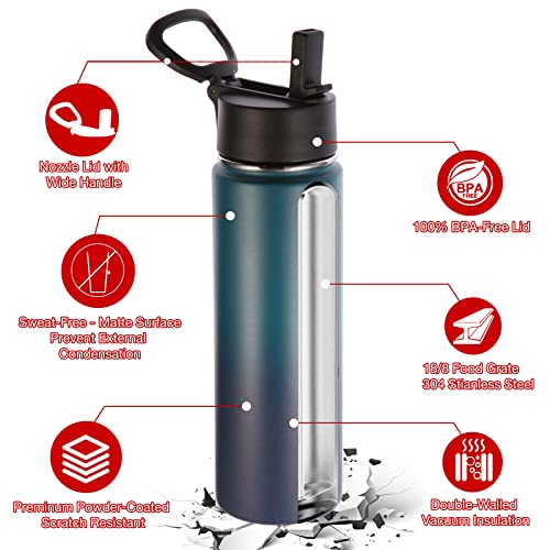 Volhoply Insulated Water Bottles with Straw Bulk 4 Pack, 22 oz Stainless Steel Sports Bottle with Handle,Double Wall Water Cups with Wide Mouth,Reusable Cold Water Cup for School(Dark Night,4 Set) - color: Dark Night