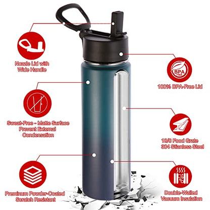 Volhoply Insulated Water Bottles with Straw Bulk 4 Pack, 22 oz Stainless Steel Sports Bottle with Handle,Double Wall Water Cups with Wide Mouth,Reusable Cold Water Cup for School(Dark Night,4 Set) - color: Dark Night