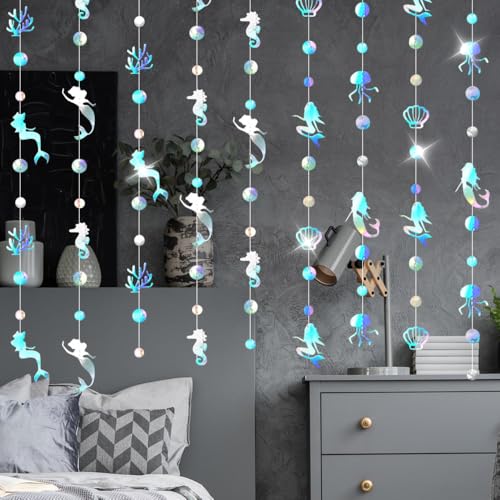 105FT Iridescent Mermaid Bubble Garlands, Holographic Under The Sea Party Hanging Decorations, Ocean Ceiling Streamers, Birthday Wedding Baby Shower Decor, Beach Pool Nautical Theme Party Supplies - size: 105 Iridescent Mermaid