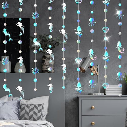 105FT Iridescent Mermaid Bubble Garlands, Holographic Under The Sea Party Hanging Decorations, Ocean Ceiling Streamers, Birthday Wedding Baby Shower Decor, Beach Pool Nautical Theme Party Supplies - size: 105 Iridescent Mermaid