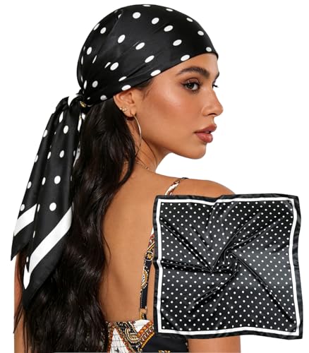 Sumolux Head Hair Scarf for Women 35" Like Satin Silk Scarf Hair Wrapping Night Bandana Large Square Scarves - color: B Black Polka Dots