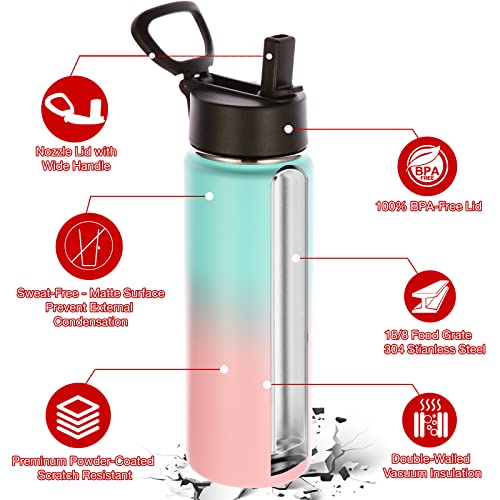 Volhoply Insulated Water Bottles with Straw Bulk 4 Pack, 22 oz Stainless Steel Sports Bottle with Handle Lid,Double Walled Vacuum Metal Travel Water Cups Flask for School Hiking(Green Pink,4 Set) - color: Green Pink