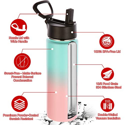 Volhoply Insulated Water Bottles with Straw Bulk 4 Pack, 22 oz Stainless Steel Sports Bottle with Handle Lid,Double Walled Vacuum Metal Travel Water Cups Flask for School Hiking(Green Pink,4 Set) - color: Green Pink