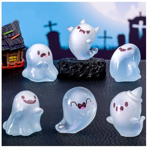 Y&ICrafts Cute Luminous Halloween Ghost Dolls, Glow in The Dark Ghost Fish Tank Aquarium Décor, Mini Ornaments for Desktop, Micro Landscape Creative Decoration Accessories (Mini, 6, PCS)