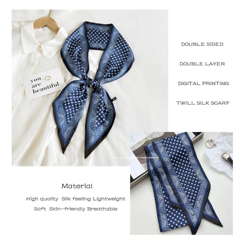 Silk Feeling Head Scarf Fashion Satin Hair Scarf Square Long Scarves for Women Gifts - color: 02 Blue Black Scarf 5.12 X 59 Inch
