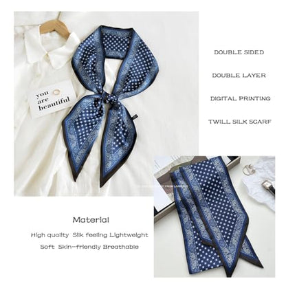 Silk Feeling Head Scarf Fashion Satin Hair Scarf Square Long Scarves for Women Gifts - color: 02 Blue Black Scarf 5.12 X 59 Inch