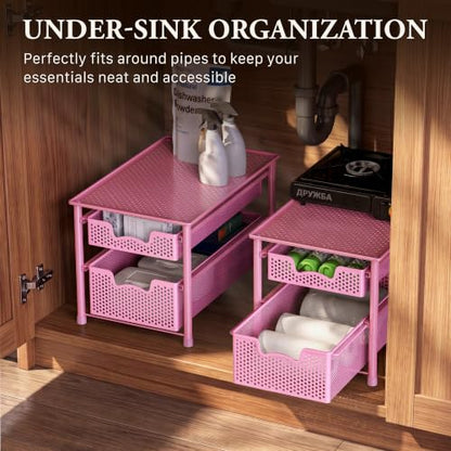Simple Houseware Stackable 2 Tier Sliding Basket Organizer Drawer, Pink - color: Pink, size: 2-Tier