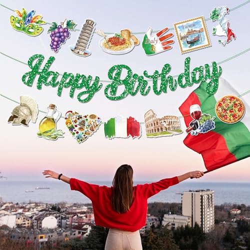 3Pcs Italy Happy Birthday Banner Pizza Pasta Wine Helmet Party Hanging Banner Italian Theme Birthday Bridal Wedding Baby Shower Boys Girls Kids Home Classroom Party Supplies Decoration - color: Italy