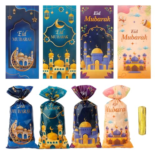 Ramadan Cellophane Treat Bags, Eid Mubarak Candy Bags, 120 PCS Plastic Eid Mubarak Ramadan Gift Bags Goodie Bags Cookie Bags with Twist Ties for Islam Muslim Eid Mubarak Ramadan Party Favor Supplies - color: style 1-120pcs