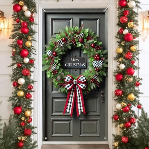 IVN Green Door Ring Plaid Ribbon Greeting Tag Door Cover Decoration 71 x 35 in Holiday Banner Classic Entry Style Photo Backdrop Indoor Outdoor for Front Door Party Decorations - color: Classic Bow