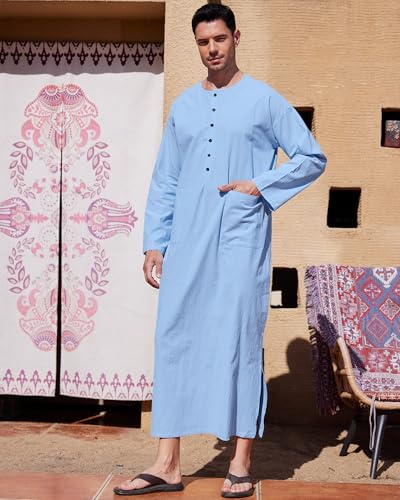 YAOHUOLE Kaftan for Men Long Sleeve Muslim Men Thobe Kaftan Thobe with Pockets - color: Blue, size: XX-Large