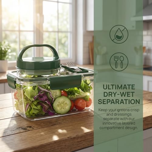 Leakproof 1000ML Salad Container with Dressing Cup & Fork | Dishwasher Safe Airtight Salad Pod & Lunch Box for Office, Travel & Picnic