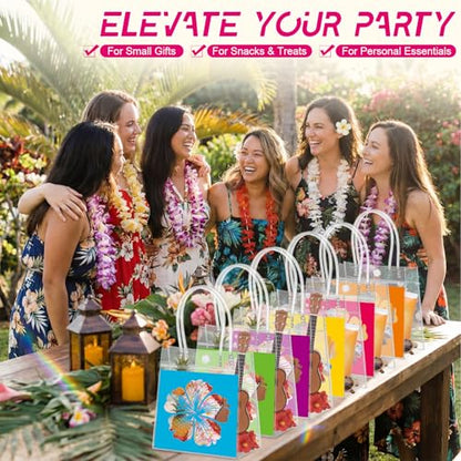 Aliceset 24 Pcs Clear Hawaiian Gift Bags with Handles Tropical Floral Hawaiian Luau Party Favor Bag for Aloha Theme Tropical Luau Summer Party with Palm Leaves 6.31"x 5.91"x 3.15" - style: Hibiscus