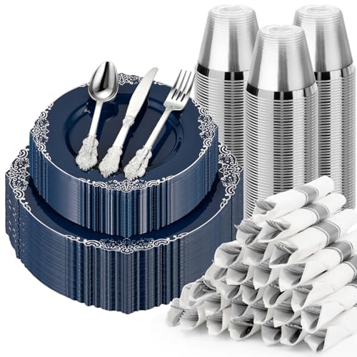Bestluck 350PCS Navy Blue Disposable Dinnerware for 50 Guests - color: Navy Blue, size: 50 Guests Set