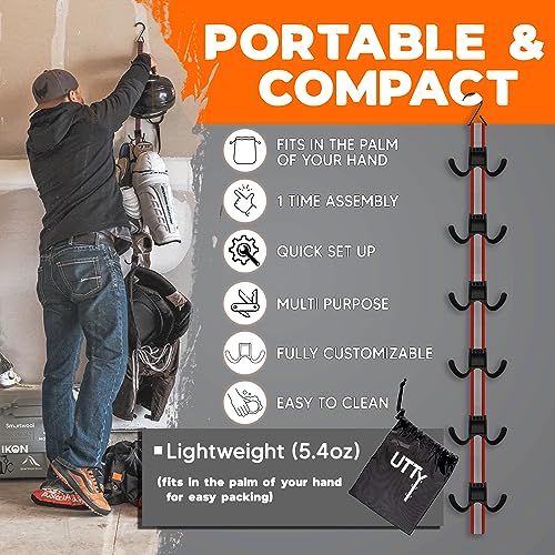 UTTY Multipurpose Portable Hanging Rack - Durable Hockey Gear Drying Rack & Sports Equipment Organizer - 6 Durable Adjustable Hooks, Support Light to Heavy Weight for Home, Travel & Outdoor Use