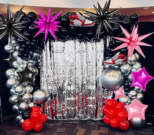 21 Pcs Star Balloons,22/18/10 Inch Star Foil Mylar Balloon - color: Black Pink Hot Pink