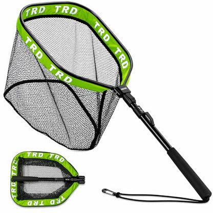AluFloat X1 Fishing Net with Handle (Fish Net) - Floating Foldable Rubber-Coated Deep Mesh Landing Net for Bass & Fly Fishing - Fishing Gear, Kayak Accessories, Fishing Accessories - color: green
