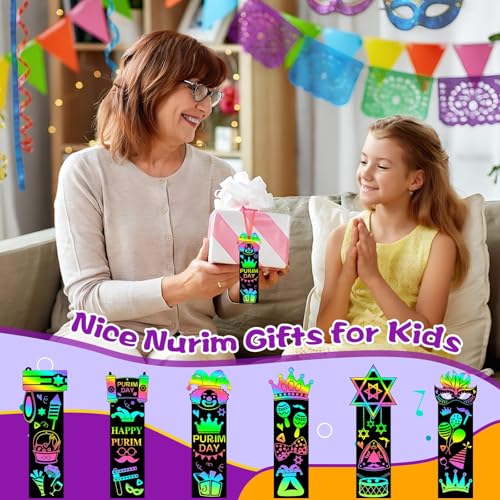 JUNEBRUSHS 30Pcs Purim Scratch Bookmarks, Rainbow Magic Scratch Paper Art Purim DIY Craft Kit for Students Classroom Activity Party Supplies - style: Purim Style