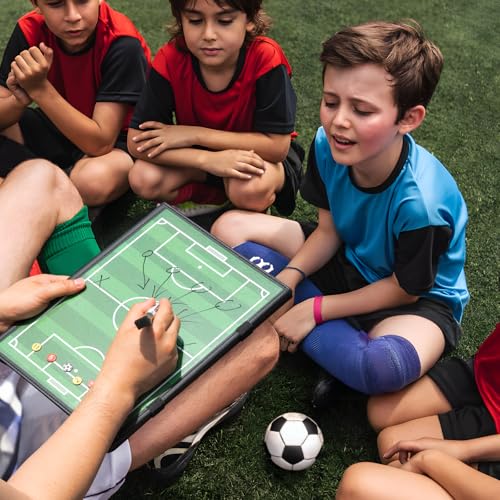 WISYOK Leather Covered Magnetic Soccer Lineup Board, Foldable and Portable Clipboard for Coaches with 48 Cards, 2 Markers, 4 Hooks and 1 Organizer Bag - style: Soccer Leather