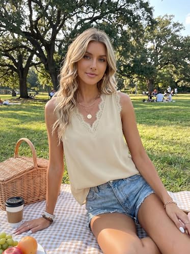 BLENCOT Women Lace Trim Tank Tops Summer V Neck Fashion Shirts | Sleeveless Blouse Business Casual Vacation Outfits Vest Spring Clothes - color: Apricot, size: X-Large