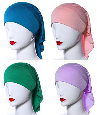4 X Womens Muslim Mini Inner Hijab Caps Underscarf - color: Lavender+green+khaki+lakeblue