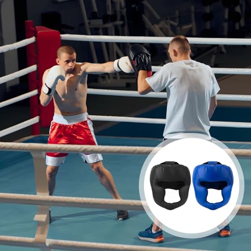 2 Pcs Adjustable Boxing Headgear Set, Monkey Face Headguard for MMA, Kickboxing, Taekwondo, Blue and Black, Fits 22.8 to 26 in Circumference