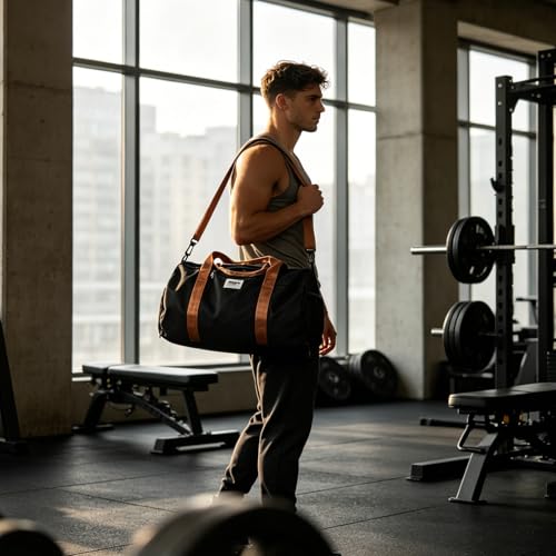 BESMART Gym Bags for Men with Side Pocket，38L Large Sports Gym Duffle Bag | Adjustable Strap&Shoe Compartment, Waterproof, Spacious, Wet Pocket, Durable Duffel Bag for Gym,Travel, Fitness,Black/Brown - color: Black-brown with TPU pocket