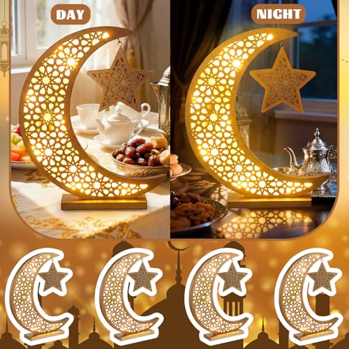Cinnvoice Ramadan Decorations Moon Ramadan Lights for Table Home 2026, Crescent Lunar Moon Lamp for Eid Mubarak Decor Eid Ul Fitr Lamp Gifts Bedroom Livingroom(Wooden,Classic Style) - style: Classic Style